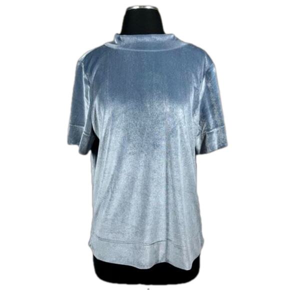 Anthropologie Krisha Blouse Top Velvet Mock Neck Short Sleeve Slate Blue Size L - Picture 1 of 16